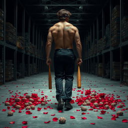 a tall, muscular, and intimidating man walking on a concrete path in a warehouse, wearing black suit pants and no jacket