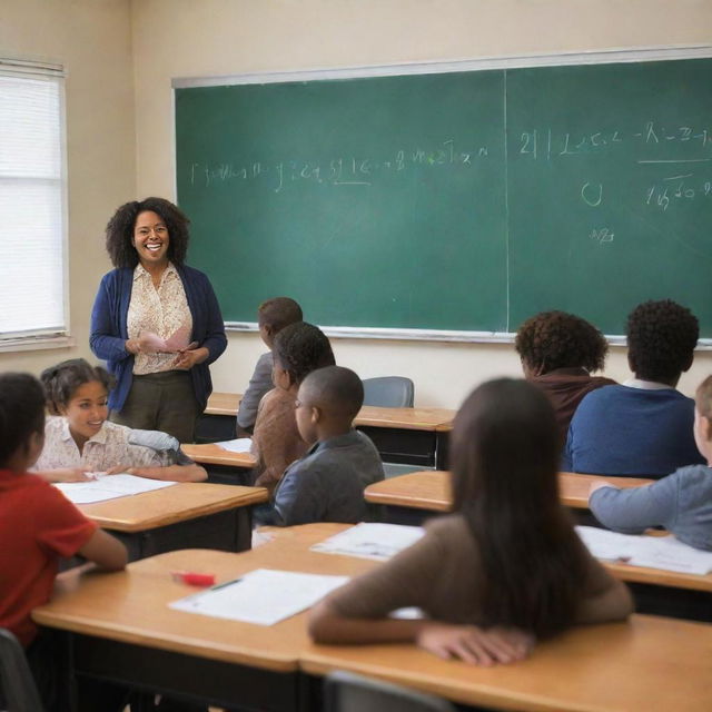 A well-lit, vibrant classroom filled with eager students of diverse backgrounds, sitting at their desks. At the front, a dedicated teacher is in the midst of an engaging lesson, standing before a chalkboard with diagrams 