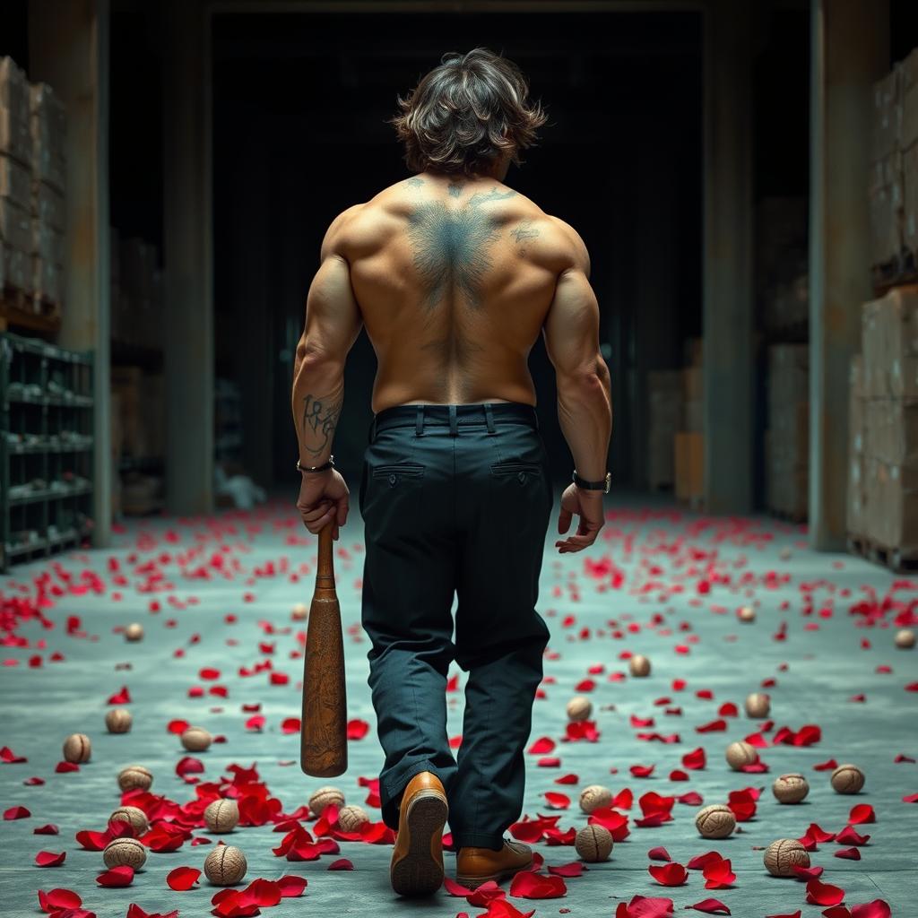 a tall, muscular, and intimidating man walking on a concrete path in a warehouse, wearing black suit pants and no jacket