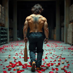 a tall, muscular, and intimidating man walking on a concrete path in a warehouse, wearing black suit pants and no jacket