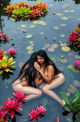 Two beautiful Indian ladies in their mid-30s with long black hair and voluptuous figures, sitting nude in the shallow waters of a vibrant wildlife pond