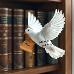 A beautiful white dove in mid-flight, carrying a scroll that reads 'Peace is both right and duty'