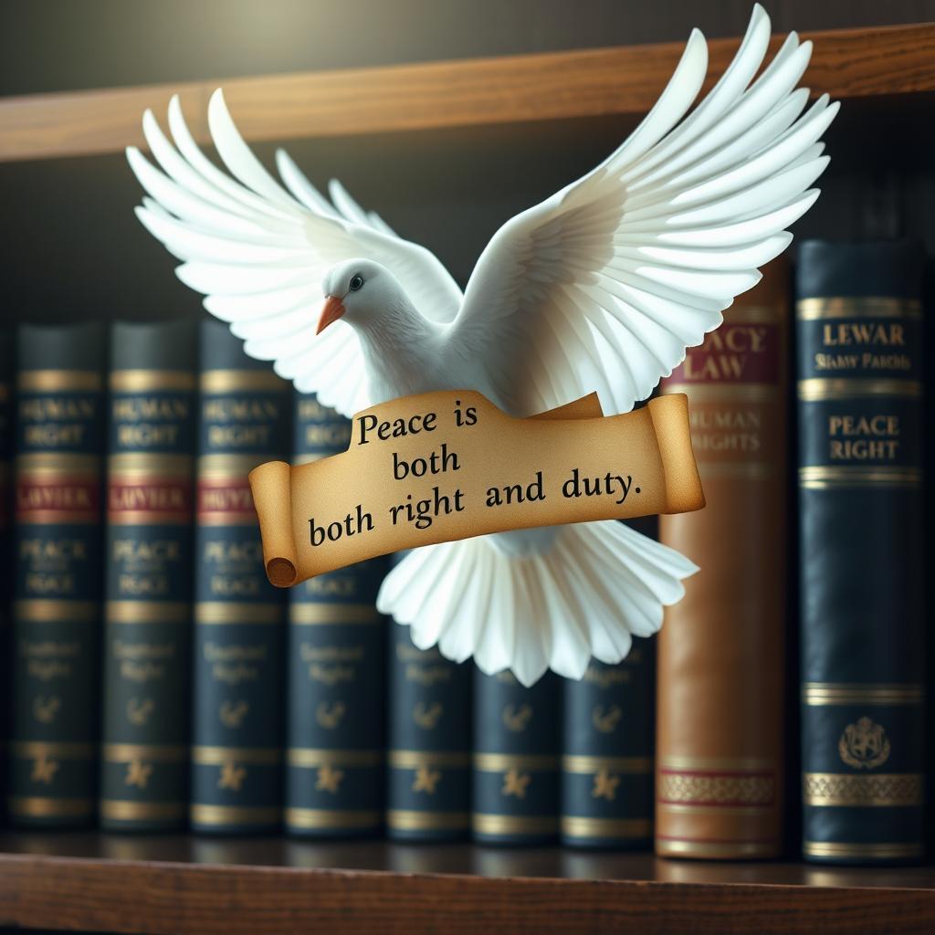 A beautiful white dove in mid-flight, carrying a scroll that reads 'Peace is both right and duty'