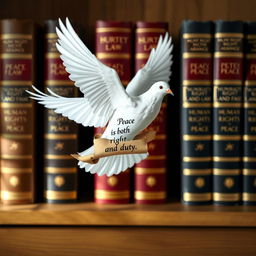 A beautiful white dove in mid-flight, carrying a scroll that reads 'Peace is both right and duty'