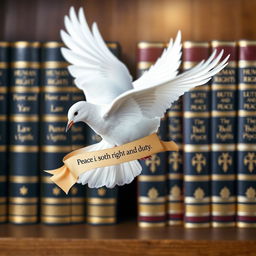 A beautiful white dove in mid-flight, carrying a scroll that reads 'Peace is both right and duty'