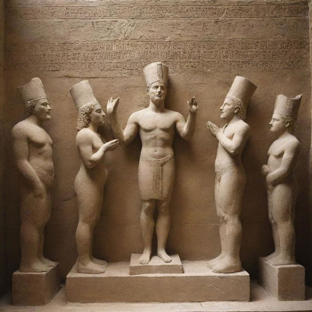 Ancient Babylonian society fervently worshiping a statue