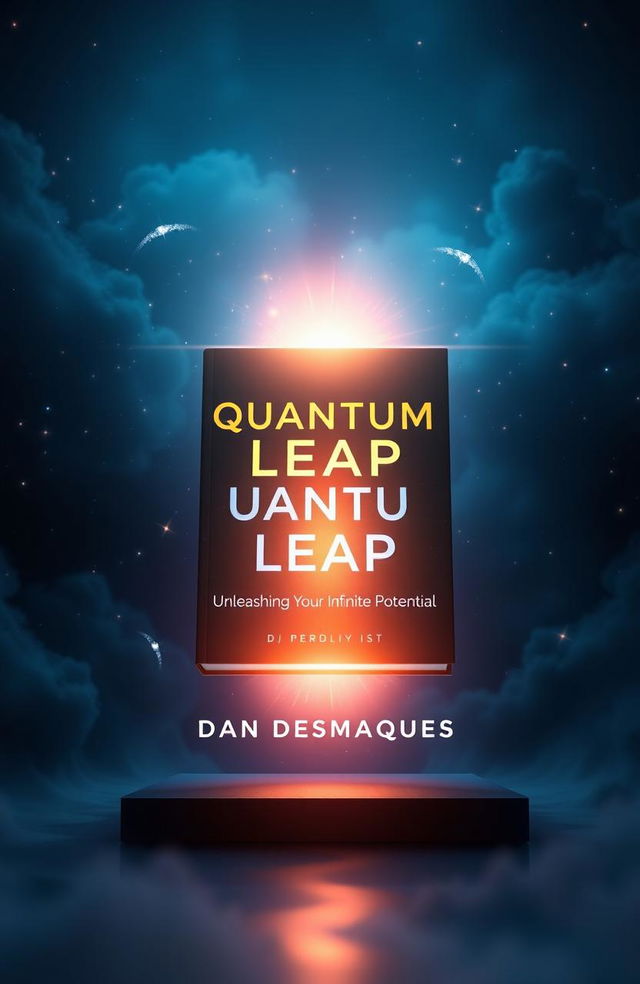 A cinematic 3D render of a nonfiction book cover titled "Quantum Leap: Unleashing Your Infinite Potential" by Dan Desmarques