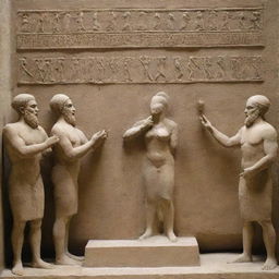 Ancient Babylonian society fervently worshiping a statue