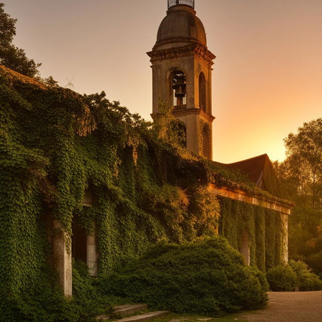 A nostalgic scene of an old school with ivy-covered walls, bell tower, and classic architecture, lit by the golden hues of a setting sun.