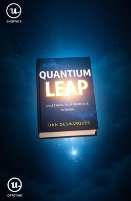 A cinematic 3D render of a nonfiction book cover titled "Quantum Leap: Unleashing Your Infinite Potential" by Dan Desmarques