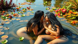 Two beautiful Indian ladies in their mid-30s with long black hair, gigantic breasts, and slim waists, sitting nude in the shallow waters of a vibrant wildlife pond