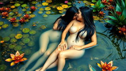 Two beautiful Indian ladies in their mid-30s with long black hair, gigantic breasts, and slim waists, sitting nude in the shallow waters of a vibrant wildlife pond