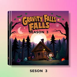 An imaginative book cover design for 'Gravity Falls Season 3', featuring the iconic Mystery Shack set in the foreground, surrounded by the whimsical and mysterious forest of Gravity Falls