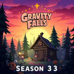 An imaginative book cover design for 'Gravity Falls Season 3', featuring the iconic Mystery Shack set in the foreground, surrounded by the whimsical and mysterious forest of Gravity Falls