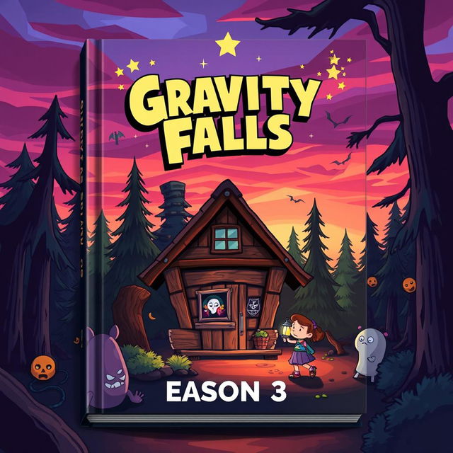 An imaginative book cover design for 'Gravity Falls Season 3', featuring the iconic Mystery Shack set in the foreground, surrounded by the whimsical and mysterious forest of Gravity Falls