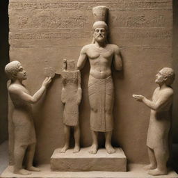 Ancient Babylonian society fervently worshiping a statue