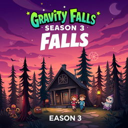 An imaginative book cover design for 'Gravity Falls Season 3', featuring the iconic Mystery Shack set in the foreground, surrounded by the whimsical and mysterious forest of Gravity Falls