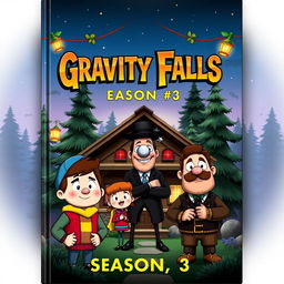 A captivating book cover design for 'Gravity Falls Season 3', featuring real-life representations of Dipper, Mabel, Stan, and the Mystery Shack