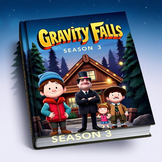 A captivating book cover design for 'Gravity Falls Season 3', featuring real-life representations of Dipper, Mabel, Stan, and the Mystery Shack