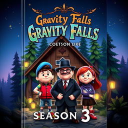 A captivating book cover design for 'Gravity Falls Season 3', featuring real-life representations of Dipper, Mabel, Stan, and the Mystery Shack