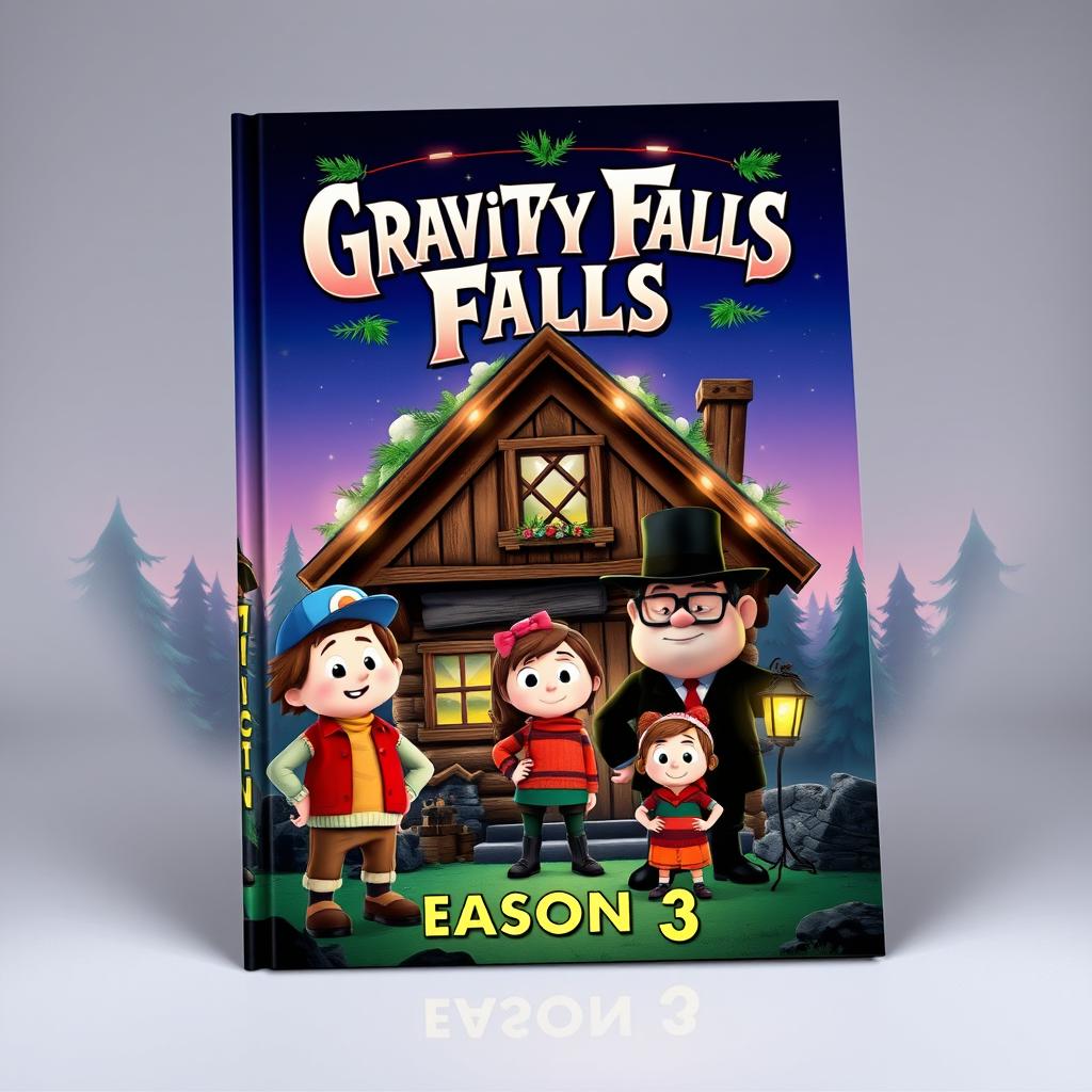 A captivating book cover design for 'Gravity Falls Season 3', featuring real-life representations of Dipper, Mabel, Stan, and the Mystery Shack