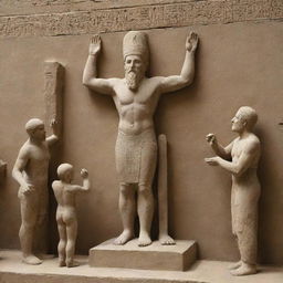 Ancient Babylonian society fervently worshiping a statue