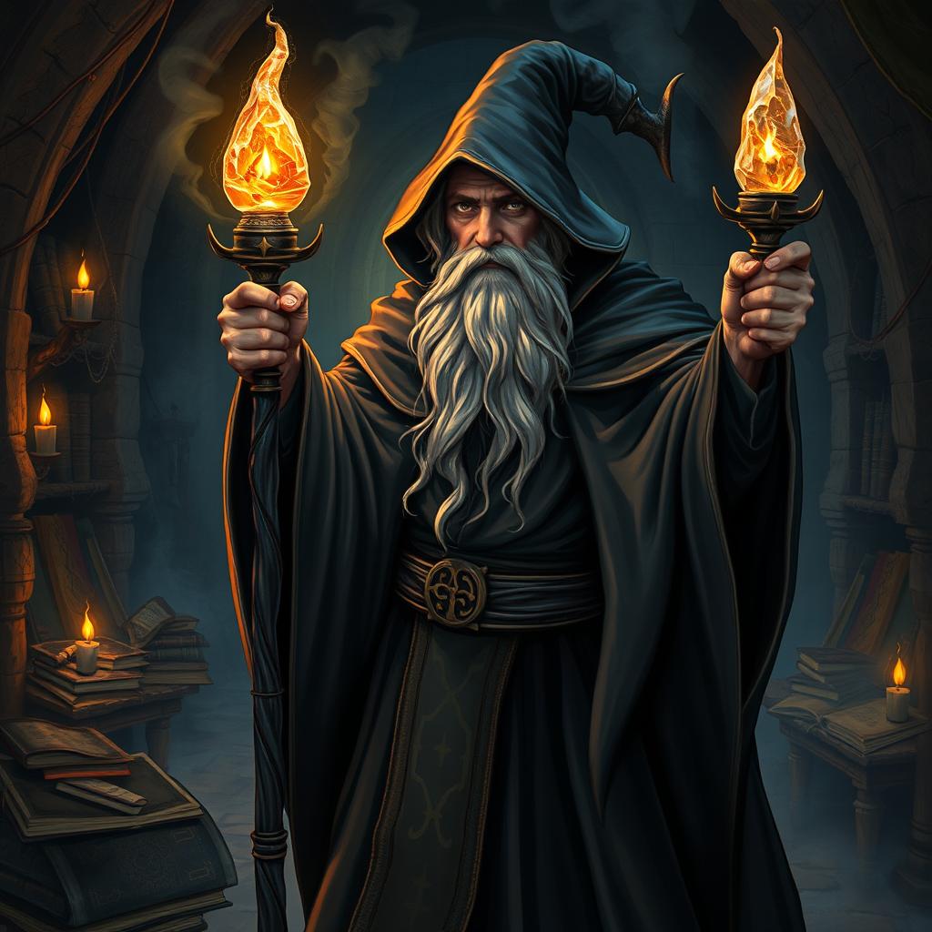 A powerful wizard from the Dark Ages, wearing a flowing dark robe adorned with mystical symbols, a long beard, and holding an ancient staff topped with a glowing crystal