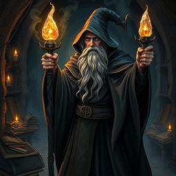 A powerful wizard from the Dark Ages, wearing a flowing dark robe adorned with mystical symbols, a long beard, and holding an ancient staff topped with a glowing crystal