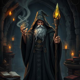 A powerful wizard from the Dark Ages, wearing a flowing dark robe adorned with mystical symbols, a long beard, and holding an ancient staff topped with a glowing crystal