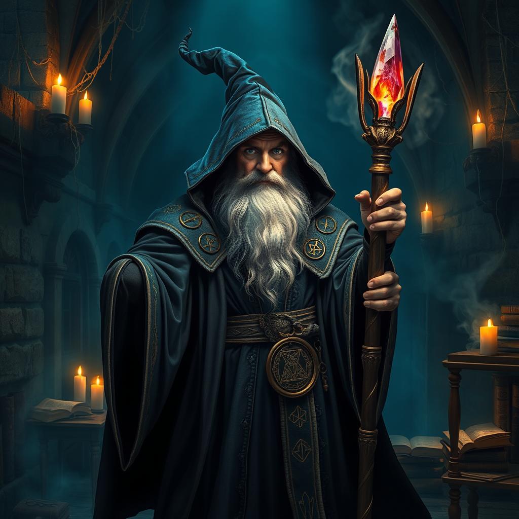 A powerful wizard from the Dark Ages, wearing a flowing dark robe adorned with mystical symbols, a long beard, and holding an ancient staff topped with a glowing crystal