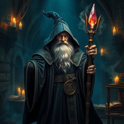 A powerful wizard from the Dark Ages, wearing a flowing dark robe adorned with mystical symbols, a long beard, and holding an ancient staff topped with a glowing crystal