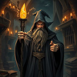 A powerful wizard from the Dark Ages, wearing a flowing dark robe adorned with mystical symbols, a long beard, and holding an ancient staff topped with a glowing crystal