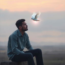 A sad man sitting alone, with a white dove flying towards him, illuminating him with a soft, heavenly light