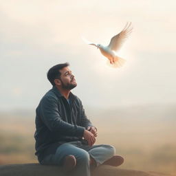 A sad man sitting alone, with a white dove flying towards him, illuminating him with a soft, heavenly light