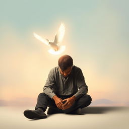 A sad man sitting alone, with a white dove flying towards him, illuminating him with a soft, heavenly light