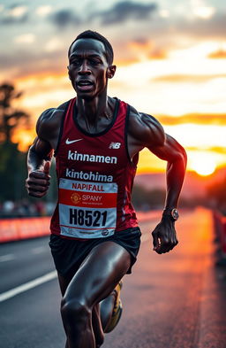 Eliud Kipchoge running in a dynamic pose, showcasing determination and athleticism, with a backdrop of a vivid sunset over a marathon route