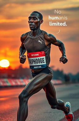 Eliud Kipchoge running in a dynamic pose, showcasing determination and athleticism, with a backdrop of a vivid sunset over a marathon route