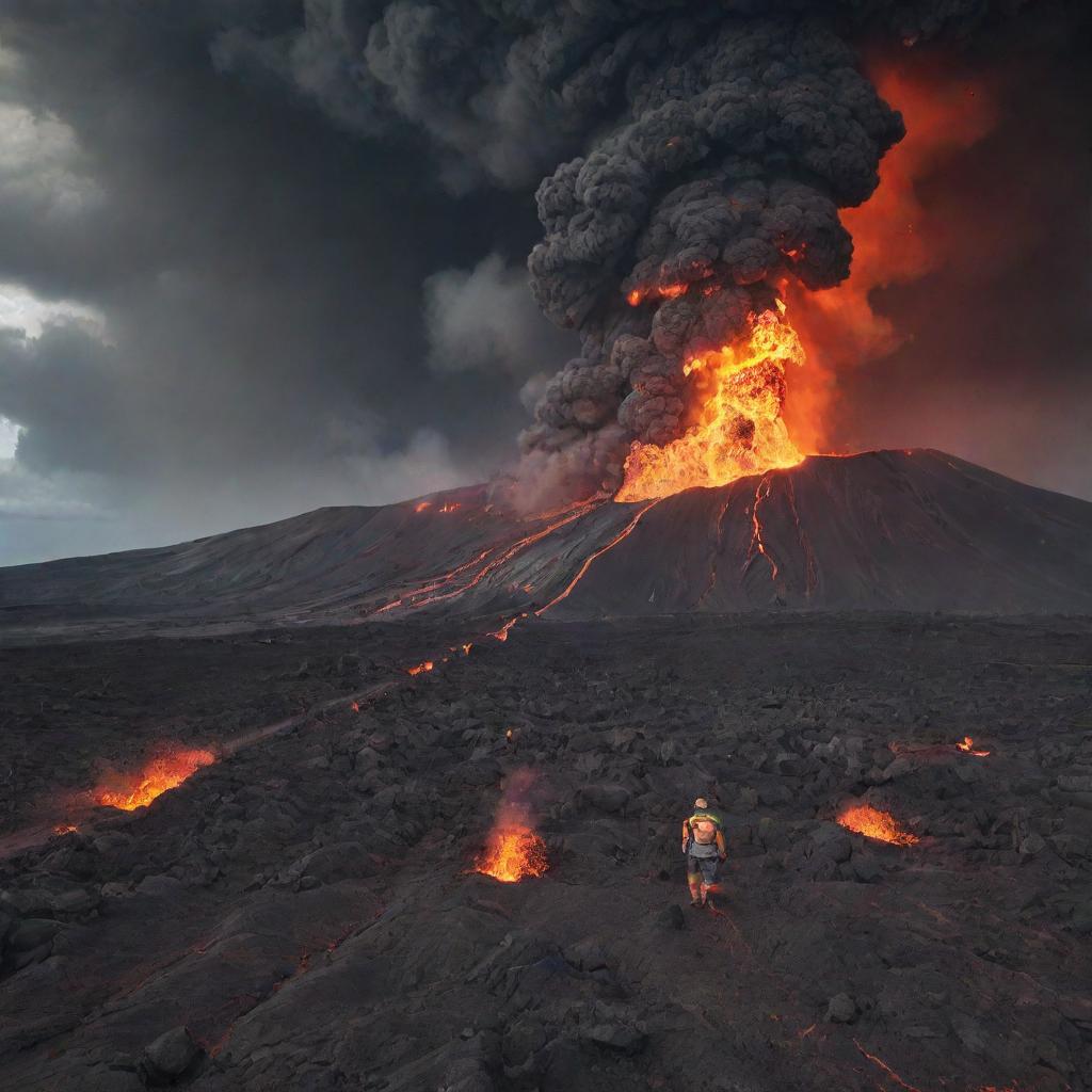 A dramatic scene of individuals escaping from a massive, sudden volcanic eruption - molten lava streaking the scene, ash filled sky, while they navigate the uneven, treacherous landscape to safety.