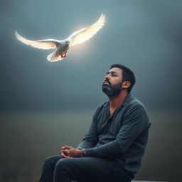 A sad man sitting alone, with a dove flying towards him, illuminating him with a soft, glowing light