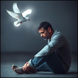 A sad man sitting alone, with a dove flying towards him, illuminating him with a soft, glowing light