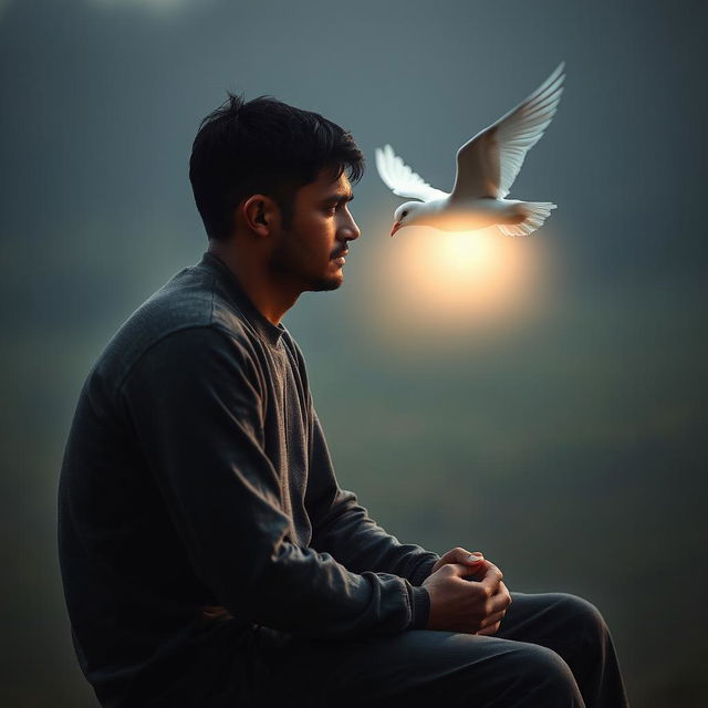 A sad man sitting alone, with a dove flying towards him, illuminating him with a soft, glowing light