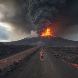 A dramatic scene of individuals escaping from a massive, sudden volcanic eruption - molten lava streaking the scene, ash filled sky, while they navigate the uneven, treacherous landscape to safety.