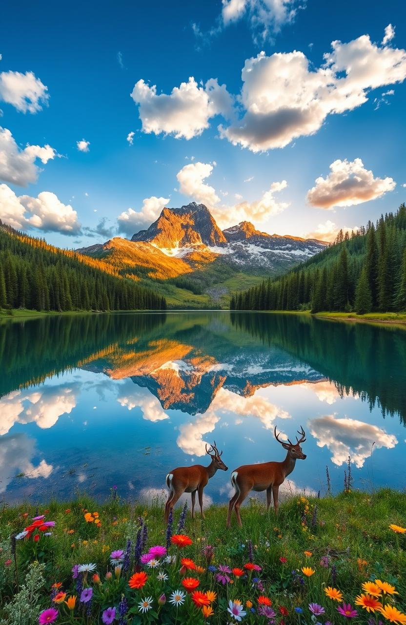 A serene landscape featuring a majestic mountain range reflected in a crystal-clear lake, surrounded by lush green pine forests