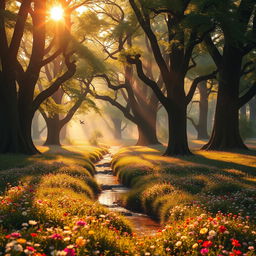 A stunning, ethereal forest landscape bathed in the golden light of sunset, featuring ancient, towering trees with lush green leaves