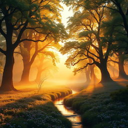 A stunning, ethereal forest landscape bathed in the golden light of sunset, featuring ancient, towering trees with lush green leaves