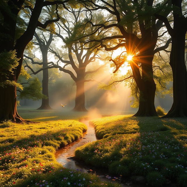 A stunning, ethereal forest landscape bathed in the golden light of sunset, featuring ancient, towering trees with lush green leaves