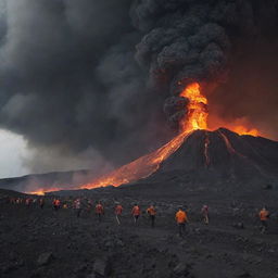 A dramatic scene of individuals escaping from a massive, sudden volcanic eruption - molten lava streaking the scene, ash filled sky, while they navigate the uneven, treacherous landscape to safety.