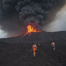 A dramatic scene of individuals escaping from a massive, sudden volcanic eruption - molten lava streaking the scene, ash filled sky, while they navigate the uneven, treacherous landscape to safety.