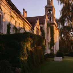 A nostalgic scene of an old school with ivy-covered walls, bell tower, and classic architecture, lit by the golden hues of a setting sun.