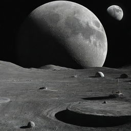 The Moon, 500 years in the future, featuring large lunar bases, human habitats, and advanced technology.